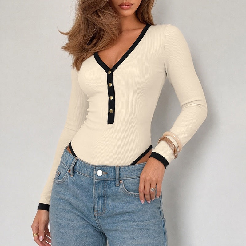 Women's Ribbed V-Neck Long Sleeve Bodysuit Contrast Trim