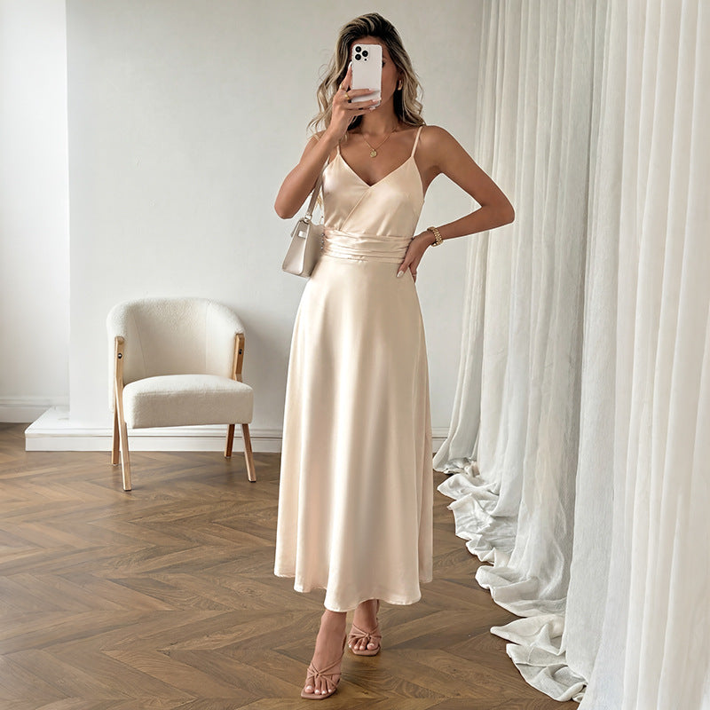Elegant Champagne Satin V Neck Maxi Dress