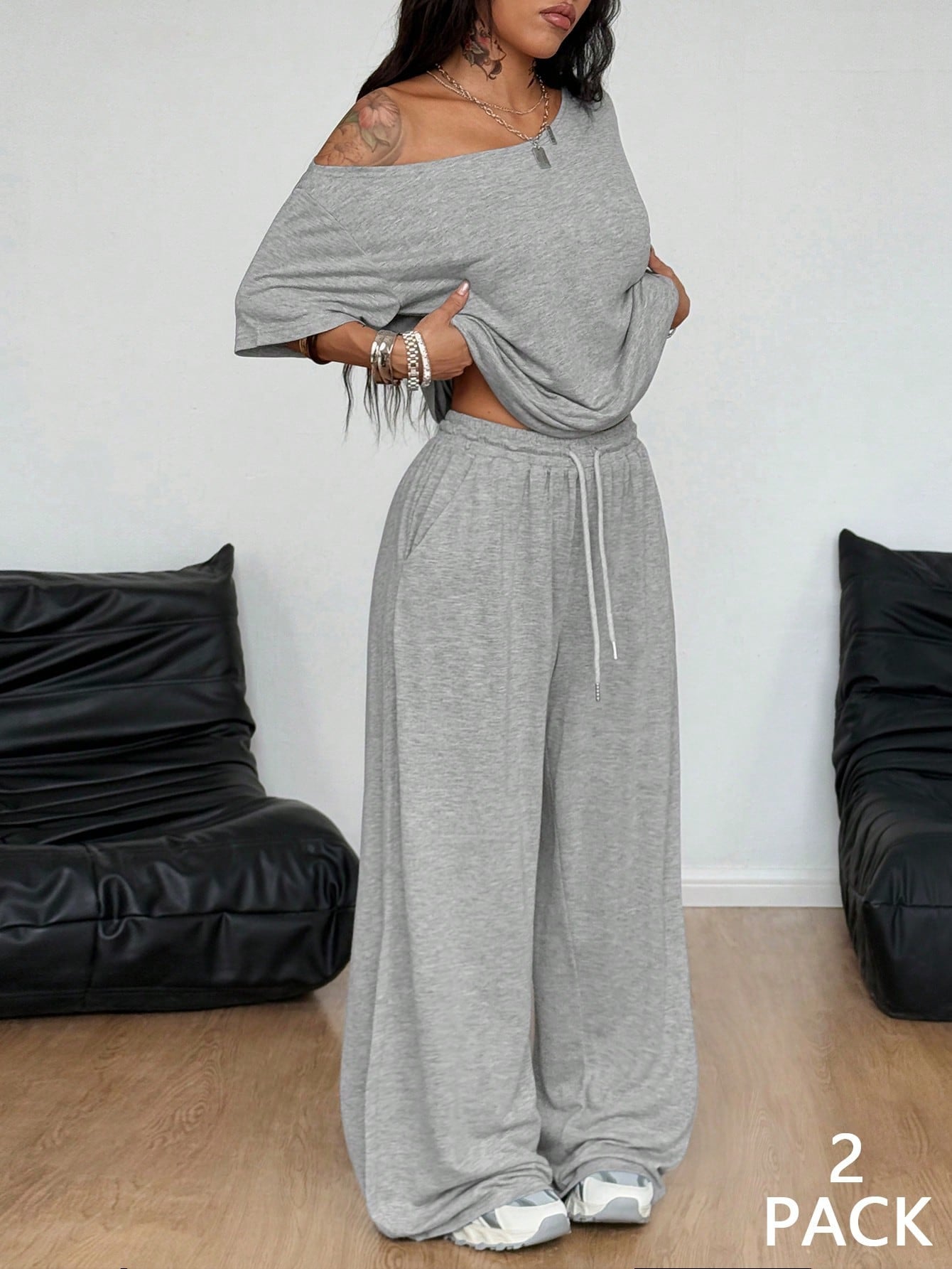 Off Shoulder Wide Leg Pants Set Casual Lounge Two Piece