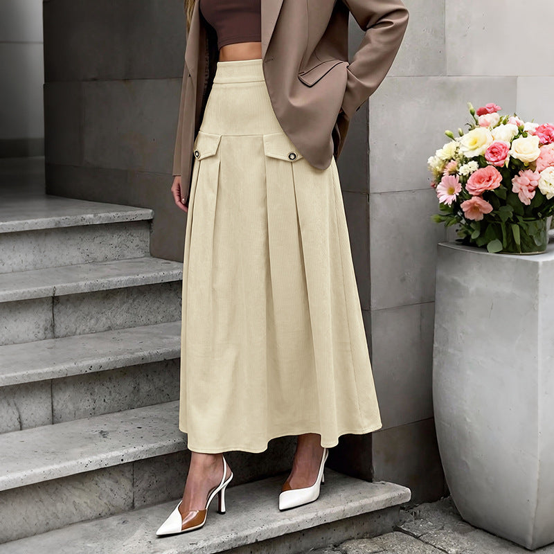 Women's Corduroy High Waist Pleated Midi A-Line Skirt