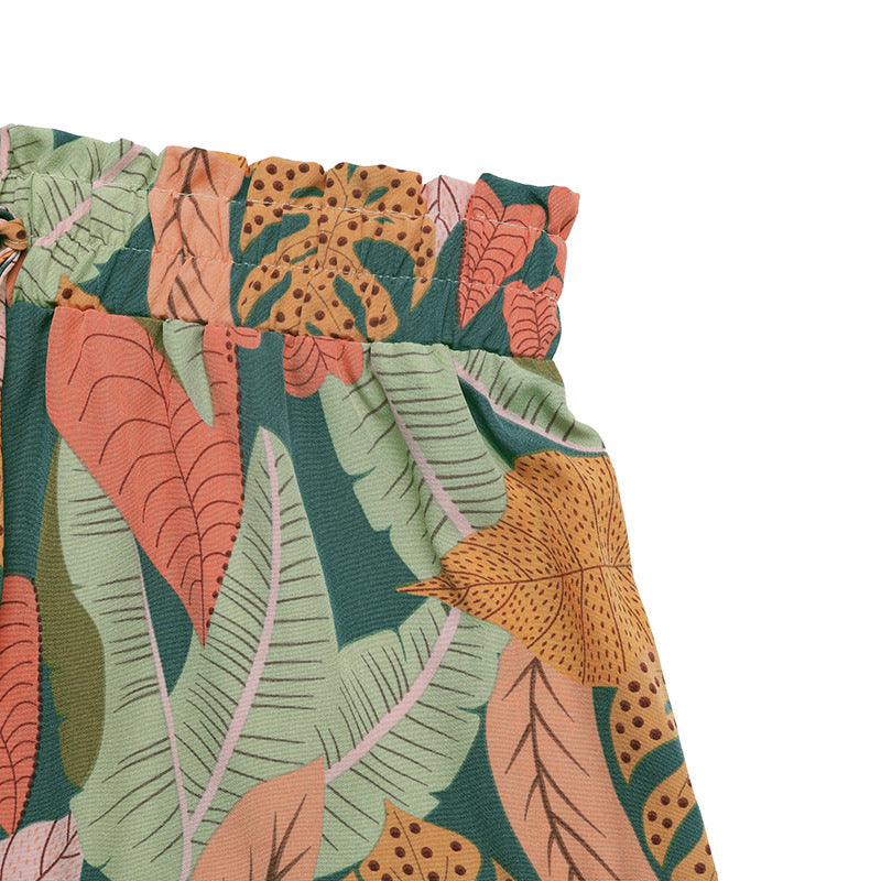 Vacation Style Floral Print Ruffle Hem Shorts
