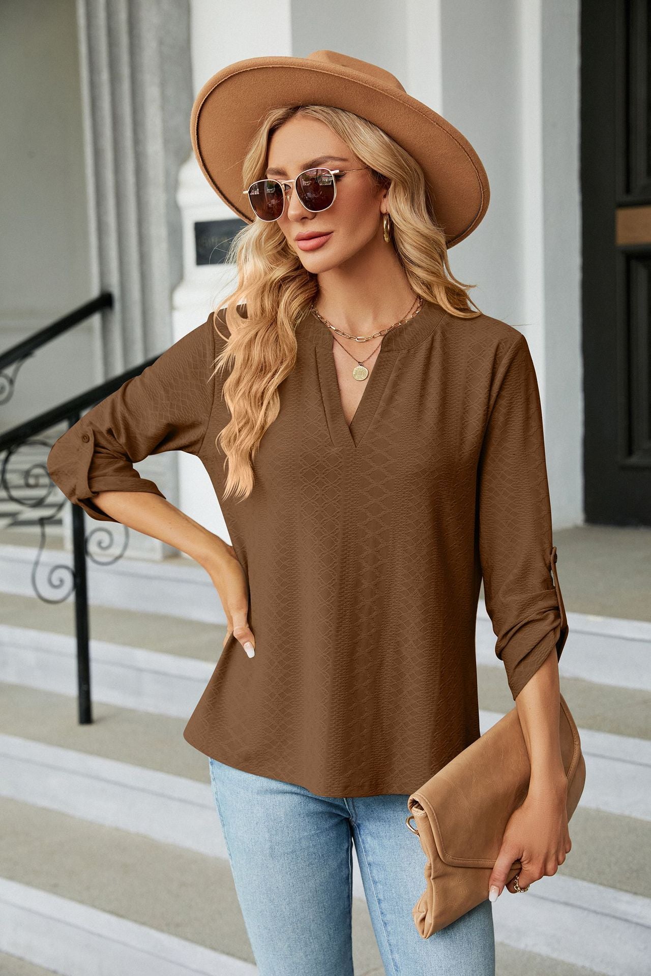 Women's V Neck 3/4 Sleeve Button Loose Fit Blouse Top