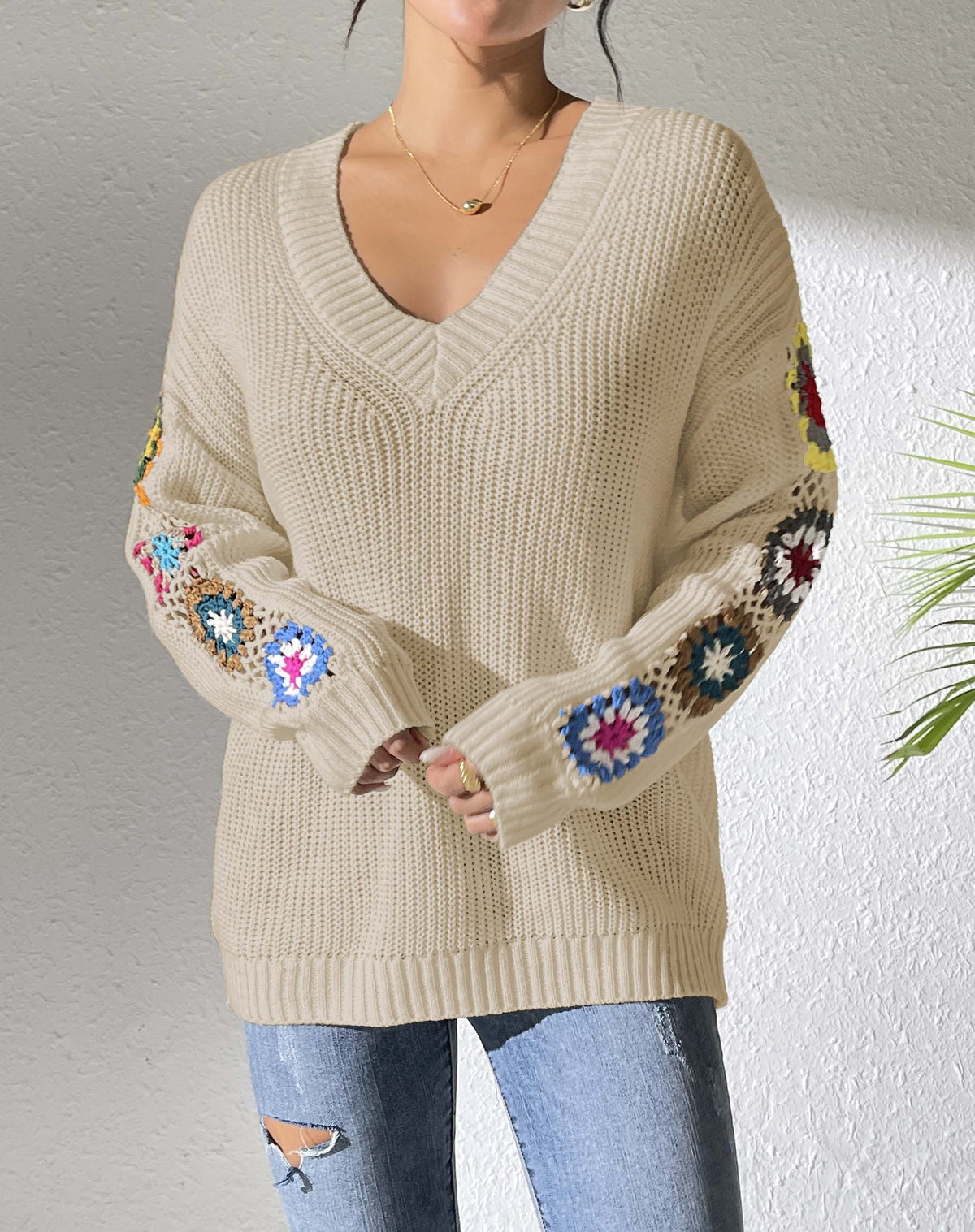 Women's Crochet Patchwork V-Neck Knit Sweater