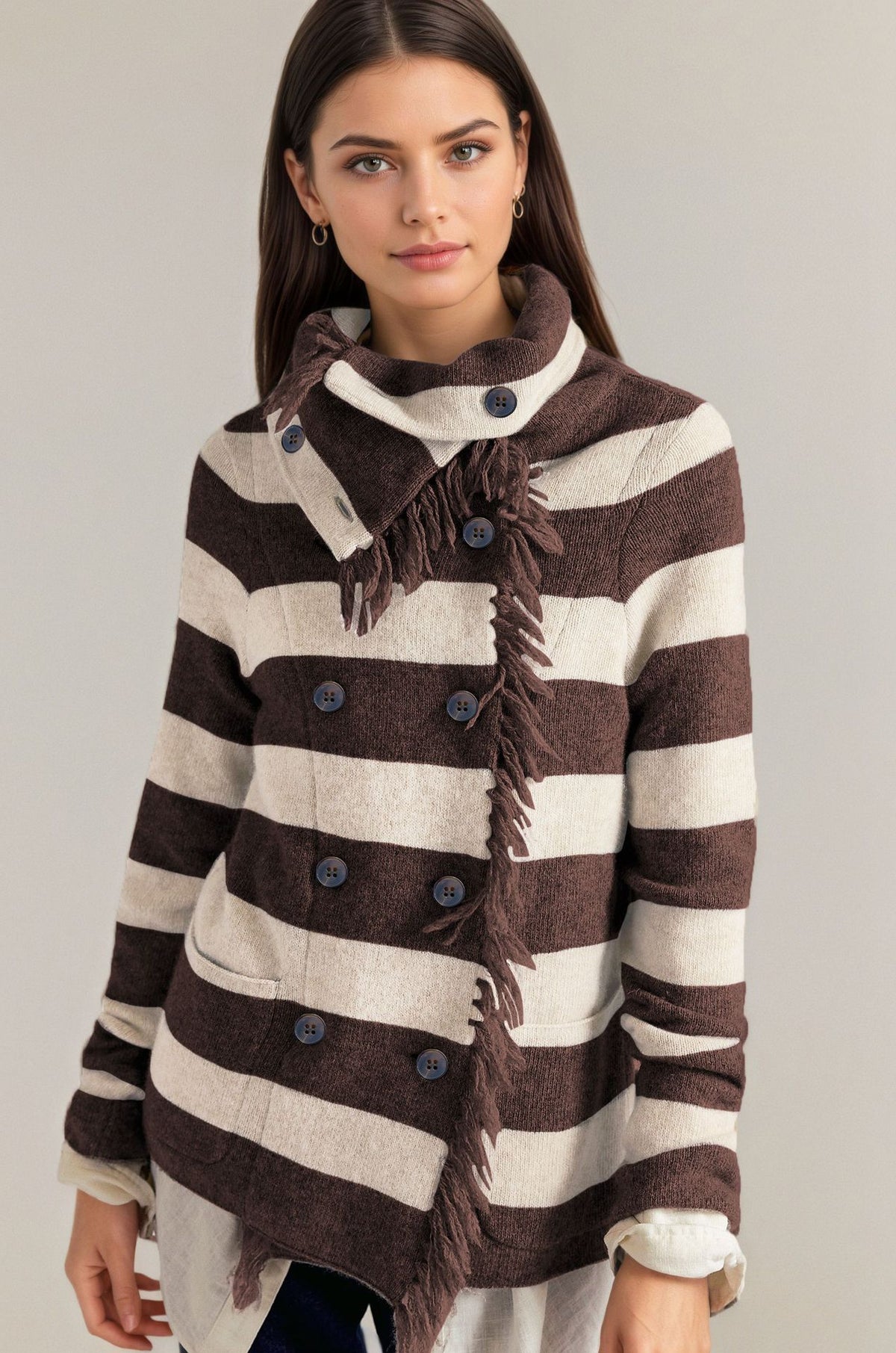 Women's Fringe Striped Mock Neck Knit Cardigan