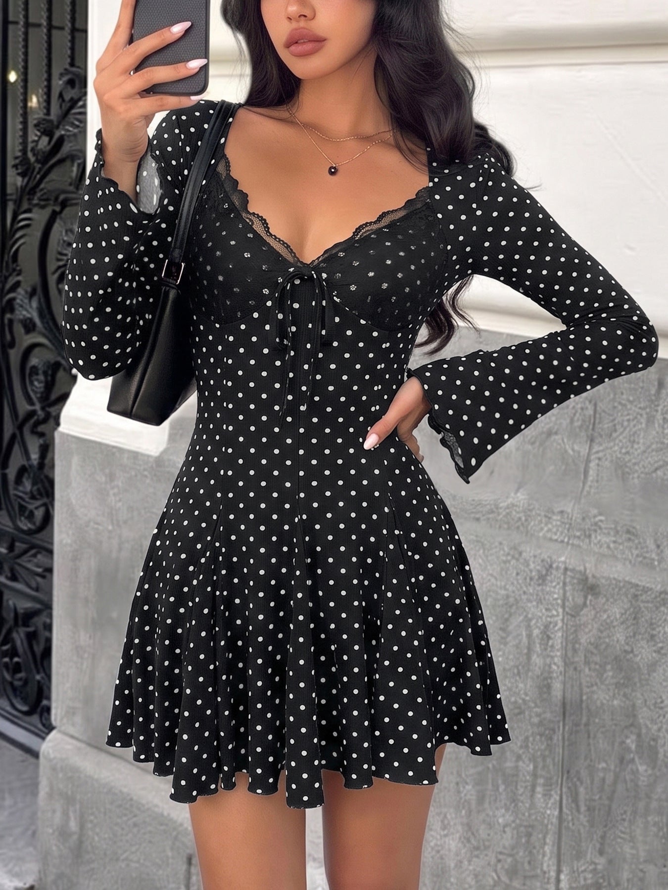 Polka Dot Lace V Neck Mini Dress Vintage Long Sleeve