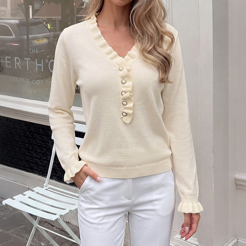 Ruffle Trim V Neck Knit Sweater Long Sleeve Pullover