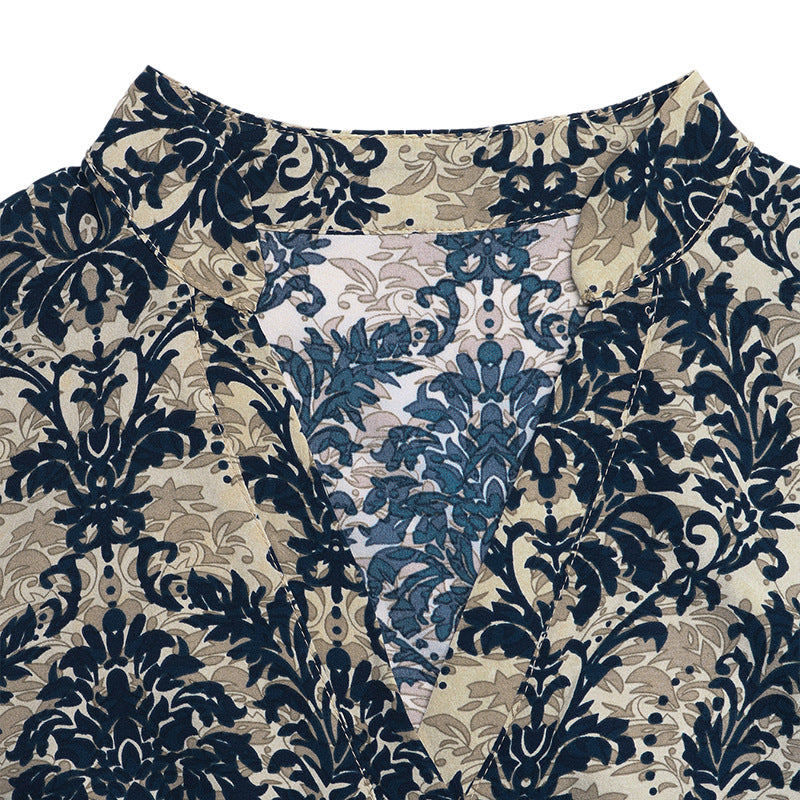 Damask Print Woven Top Vintage Cap Sleeve Collared