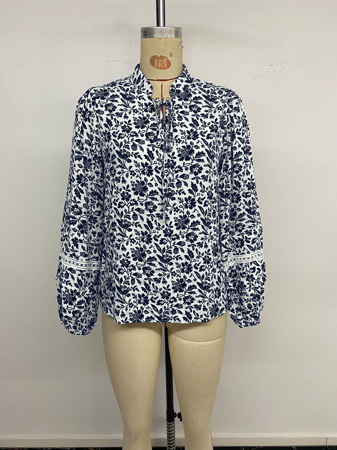 Floral Tie Neck Blouse Stand Collar Long Sleeve Top