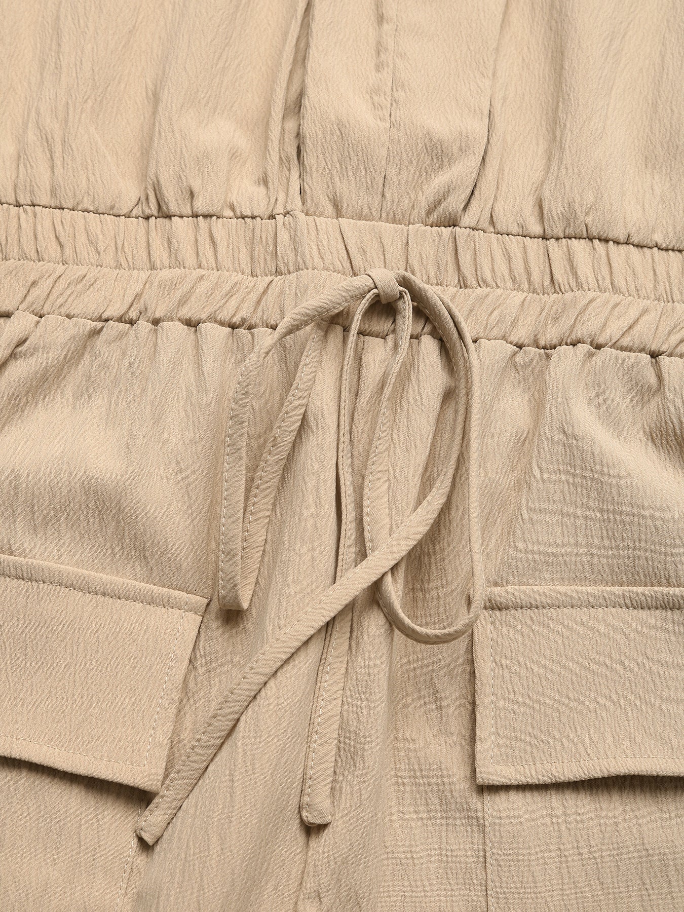 V Neck Khaki Romper with Pockets and Drawstring Waist
