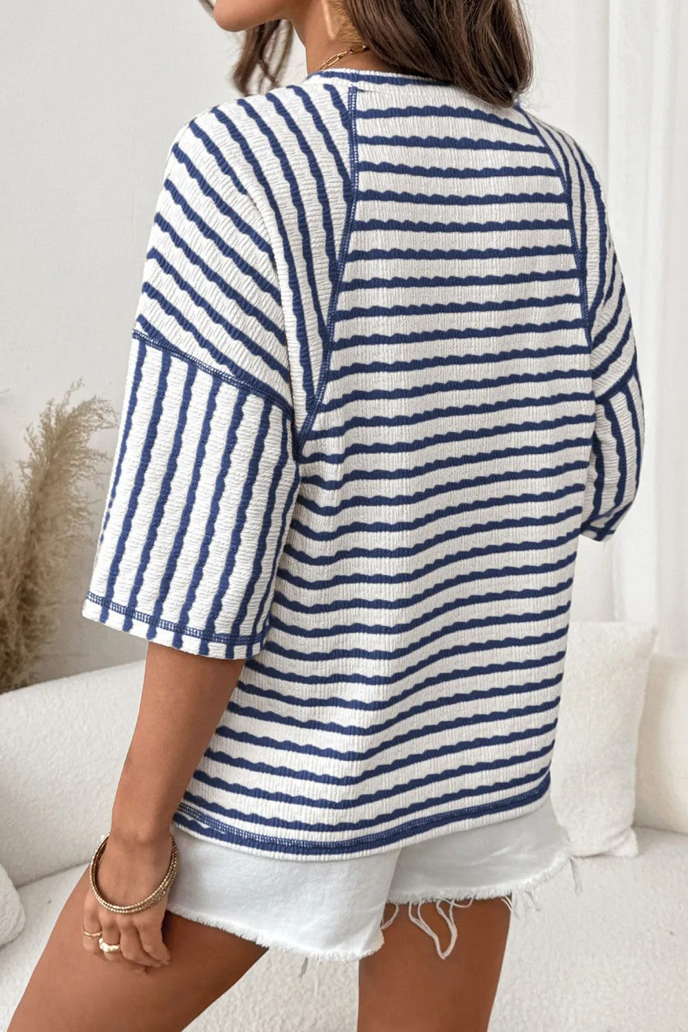 Striped Textured Tee Oversized Casual Boutique Top