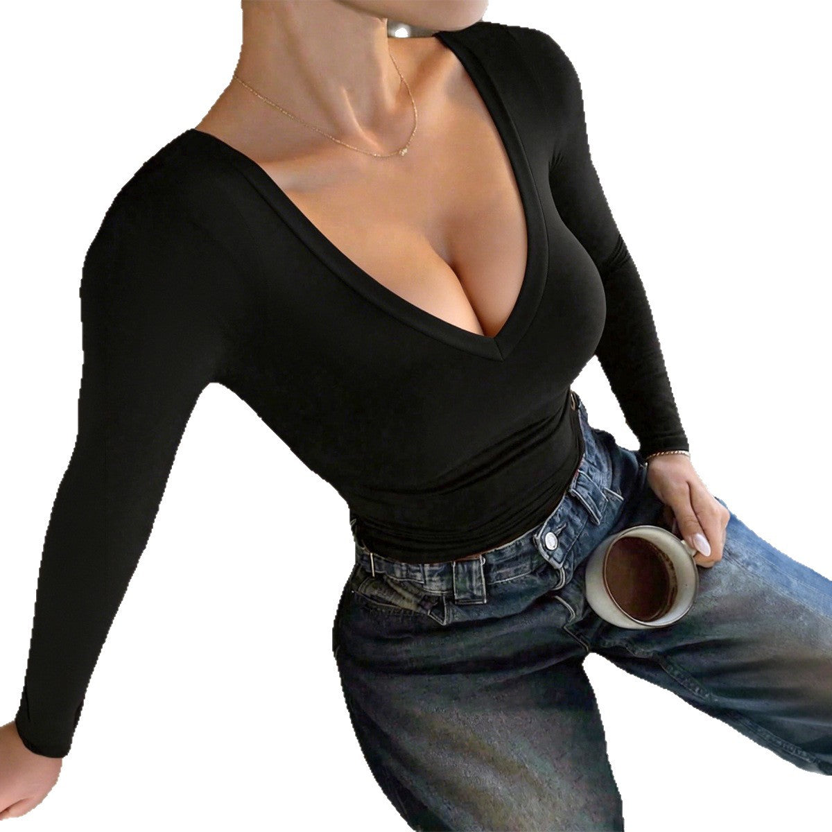 Women's V Neck Long Sleeve Fitted Black Crop Top
