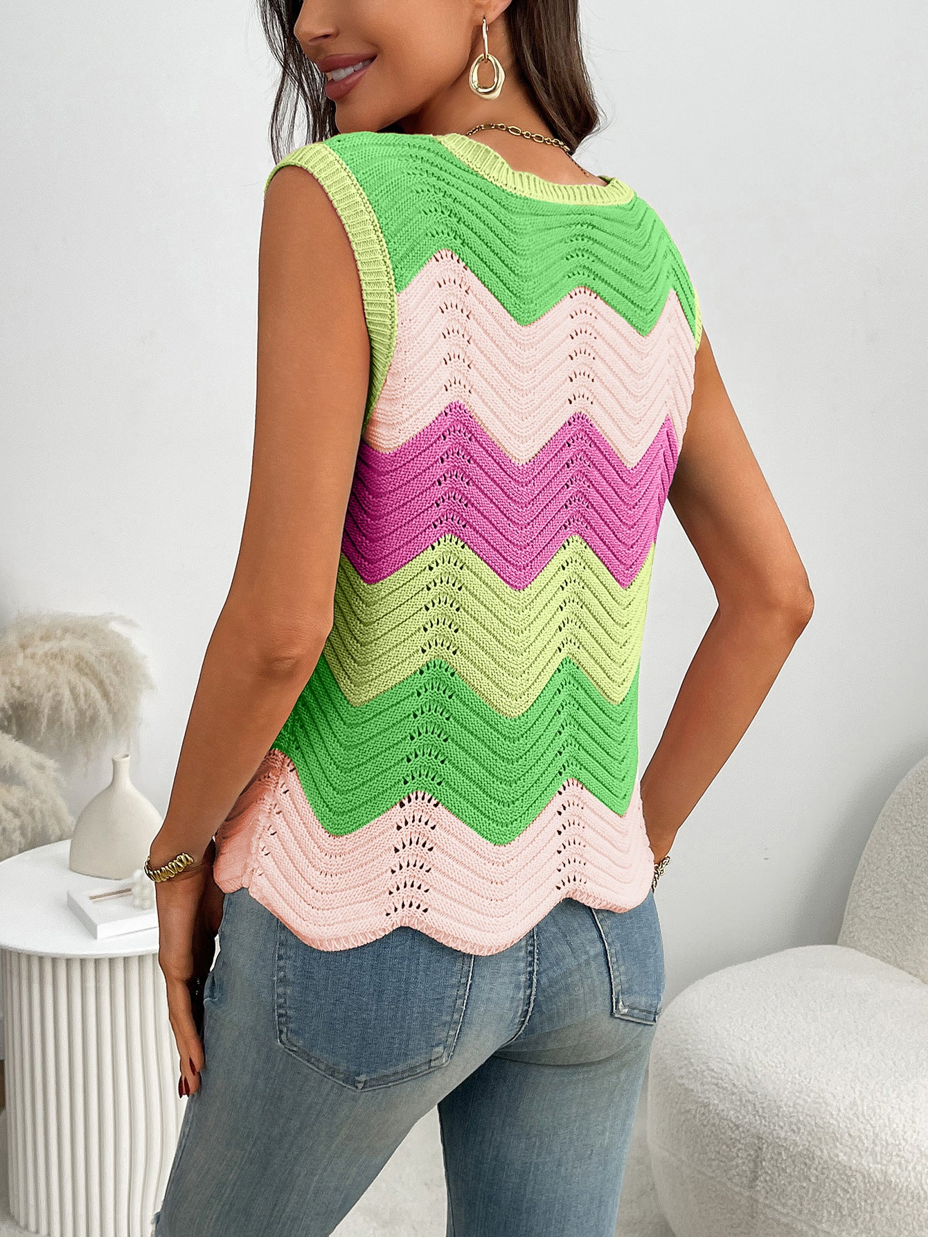 Dopamine Colorblock Knit Tank Chevron Pattern Sleeveless Summer Top
