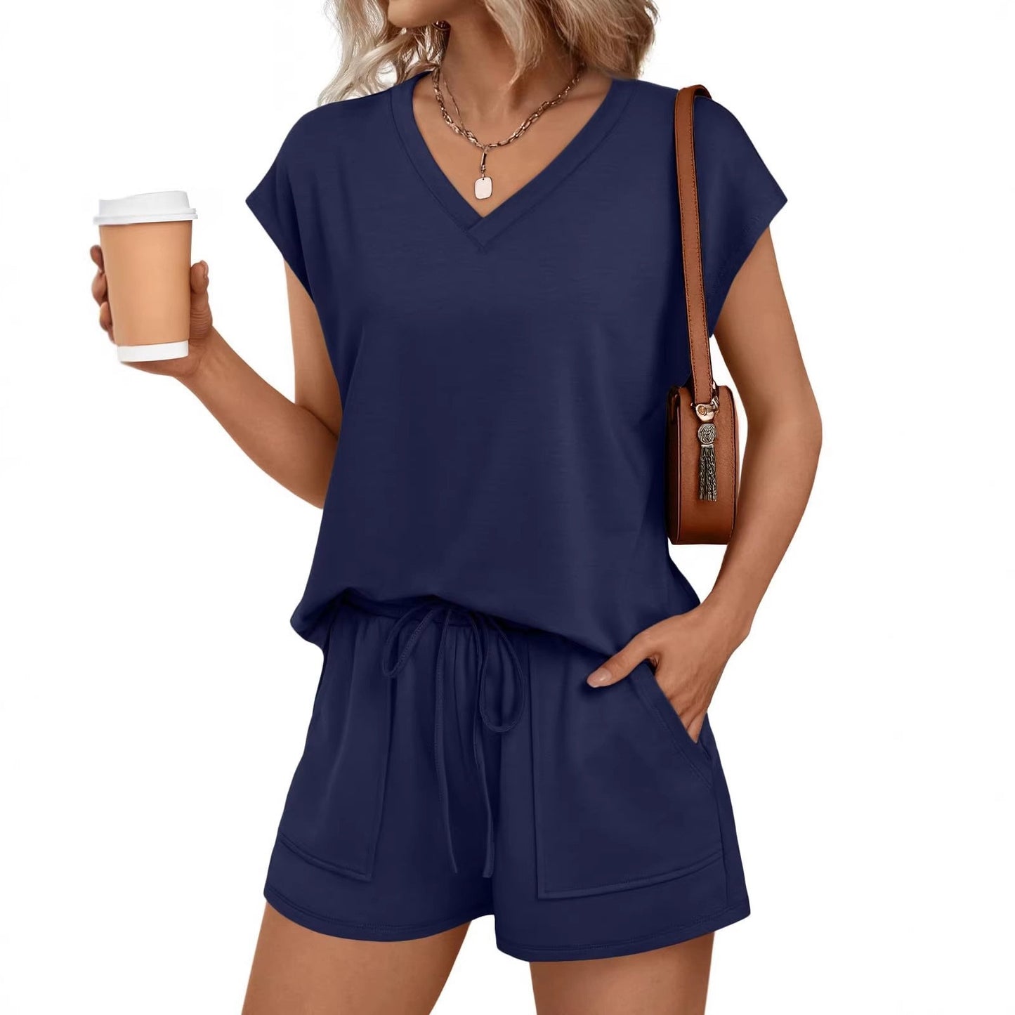Women’s V Neck Short Sleeve Top and Drawstring Shorts Set Casual Summer Lounge Outfit