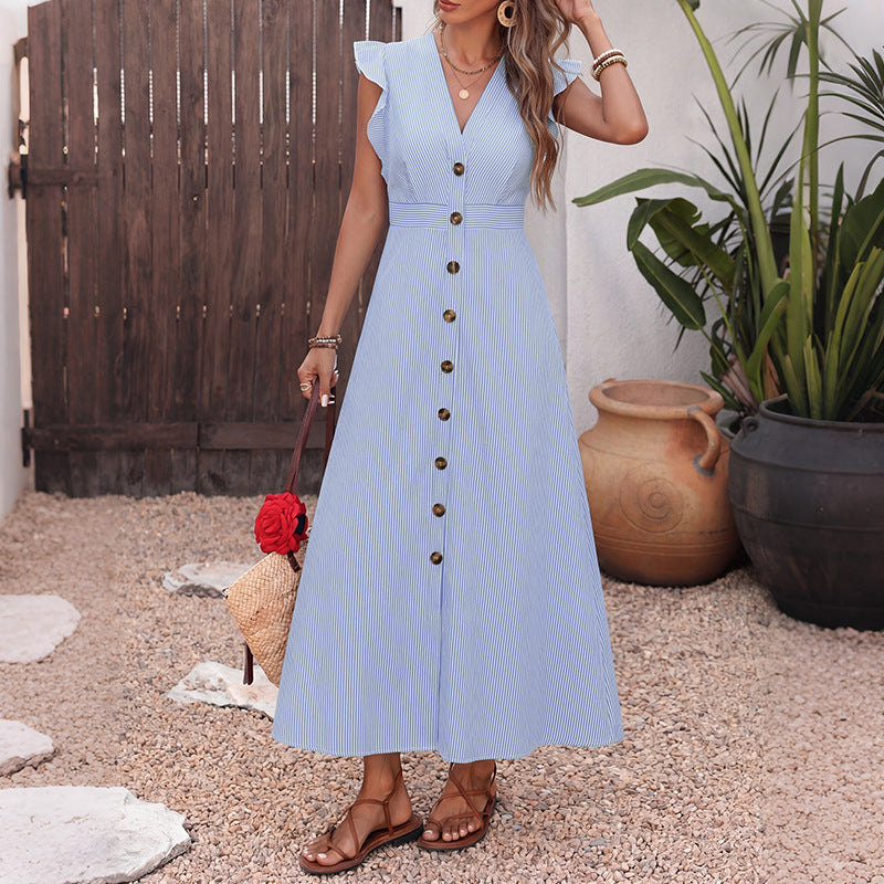 Button Front Sleeveless Ruffle Shoulder A-Line Maxi Dress