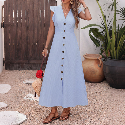 Button Front Sleeveless Ruffle Shoulder A-Line Maxi Dress