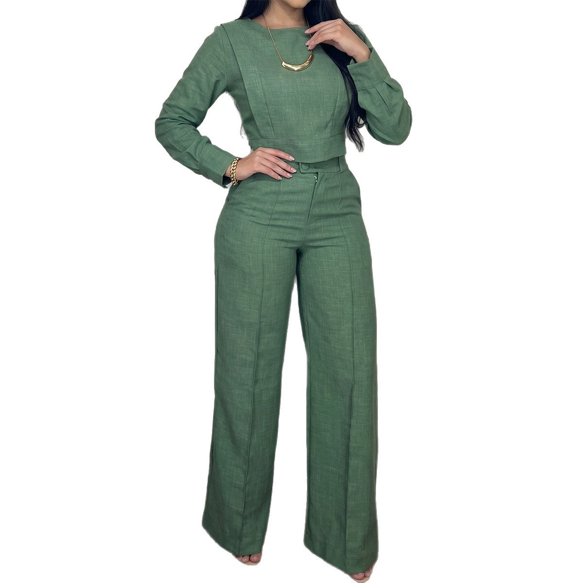 Women's Green 2 Piece Crop Top Wide Leg Pants Set