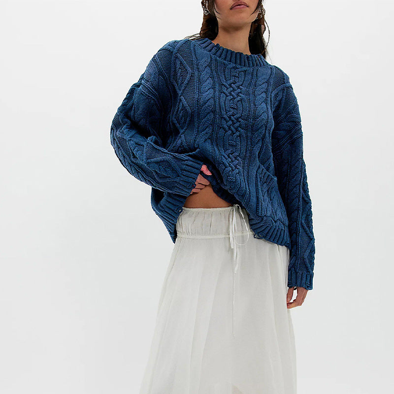 Women's Chunky Cable Knit Oversized Pullover Sweater Pocket