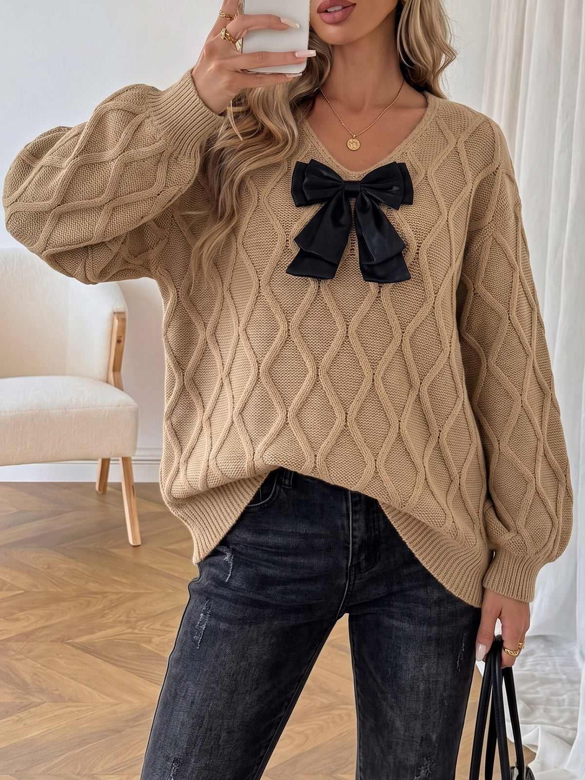 Womens V Neck Bow Sweater Oversized Cable Knit Pullover