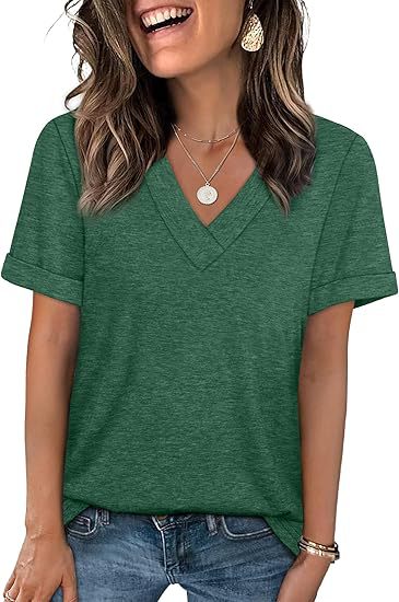 V Neck Basic Tee Short Sleeve Casual Loose Fit Top