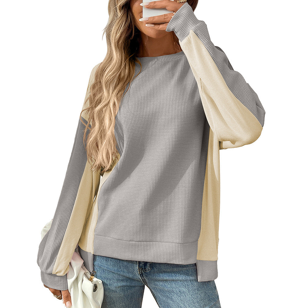 Colorblock Waffle Knit Crewneck Long Sleeve Top Women