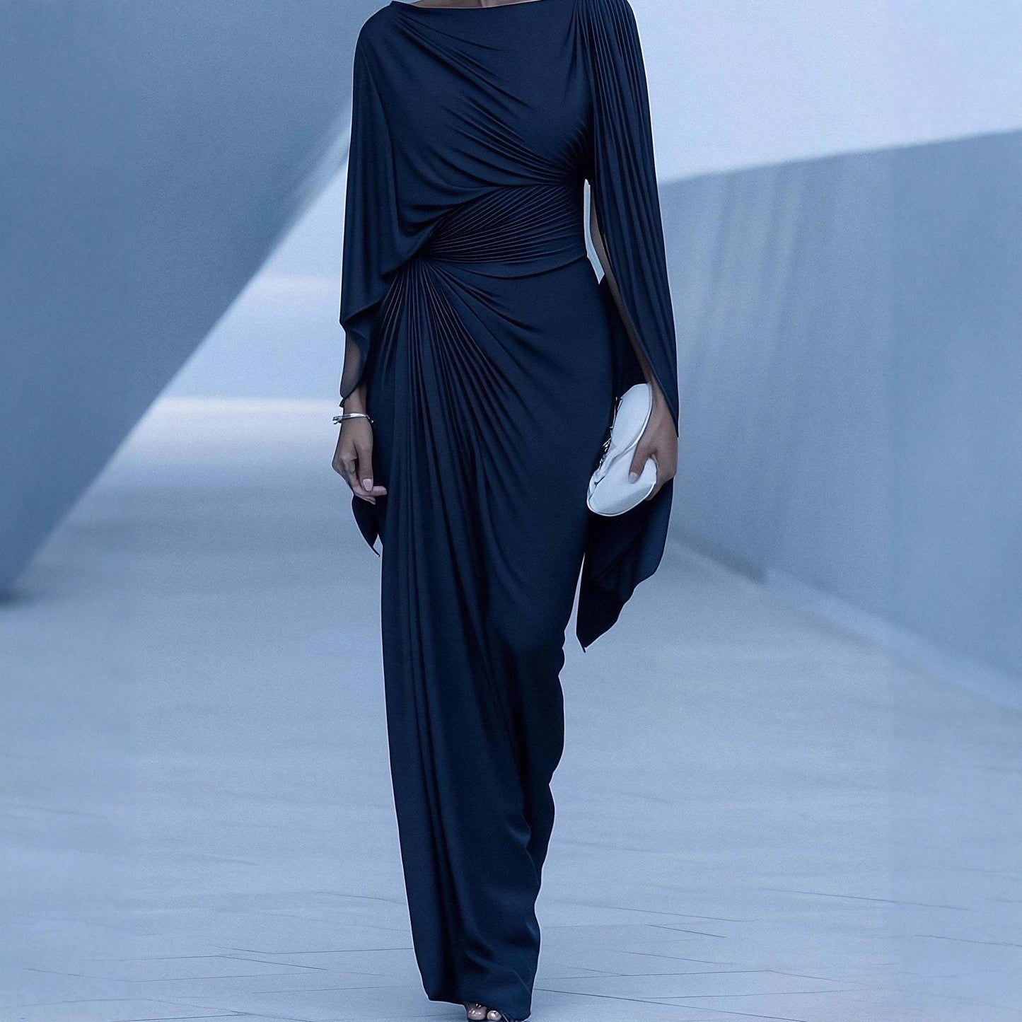 Women's Draped Ruched Batwing Sleeve Maxi Dress