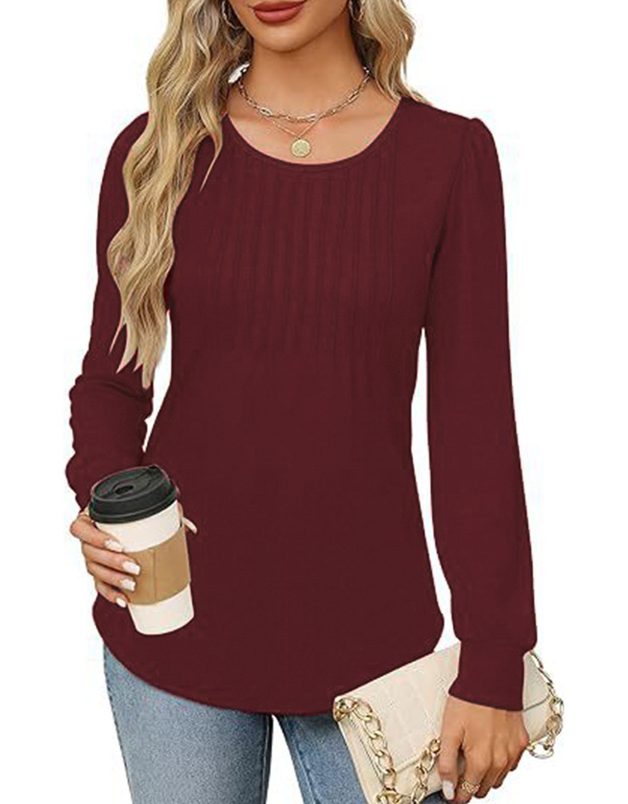 Solid Cotton Top Casual Pleated Puff Sleeve