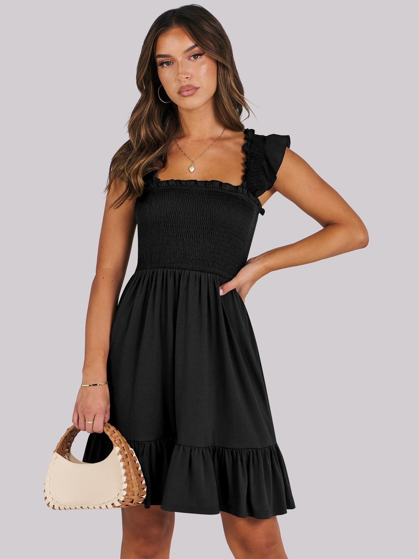 Women’s Smocked Square Neck Ruffle Sleeve Mini Dress Casual Summer Flowy A Line Dress