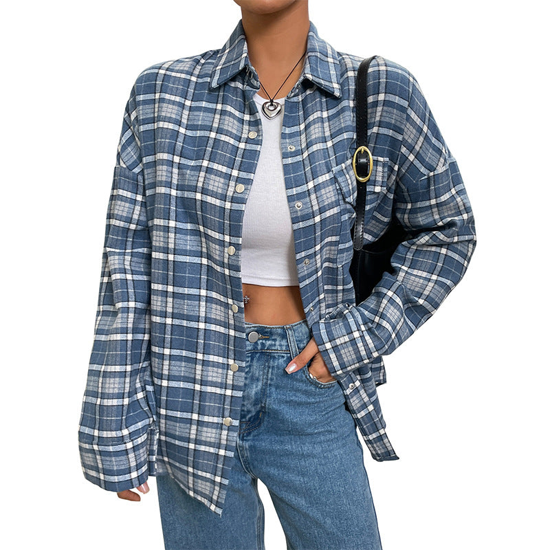 Plaid Button Down Long Sleeve Loose Casual Shirt Jacket
