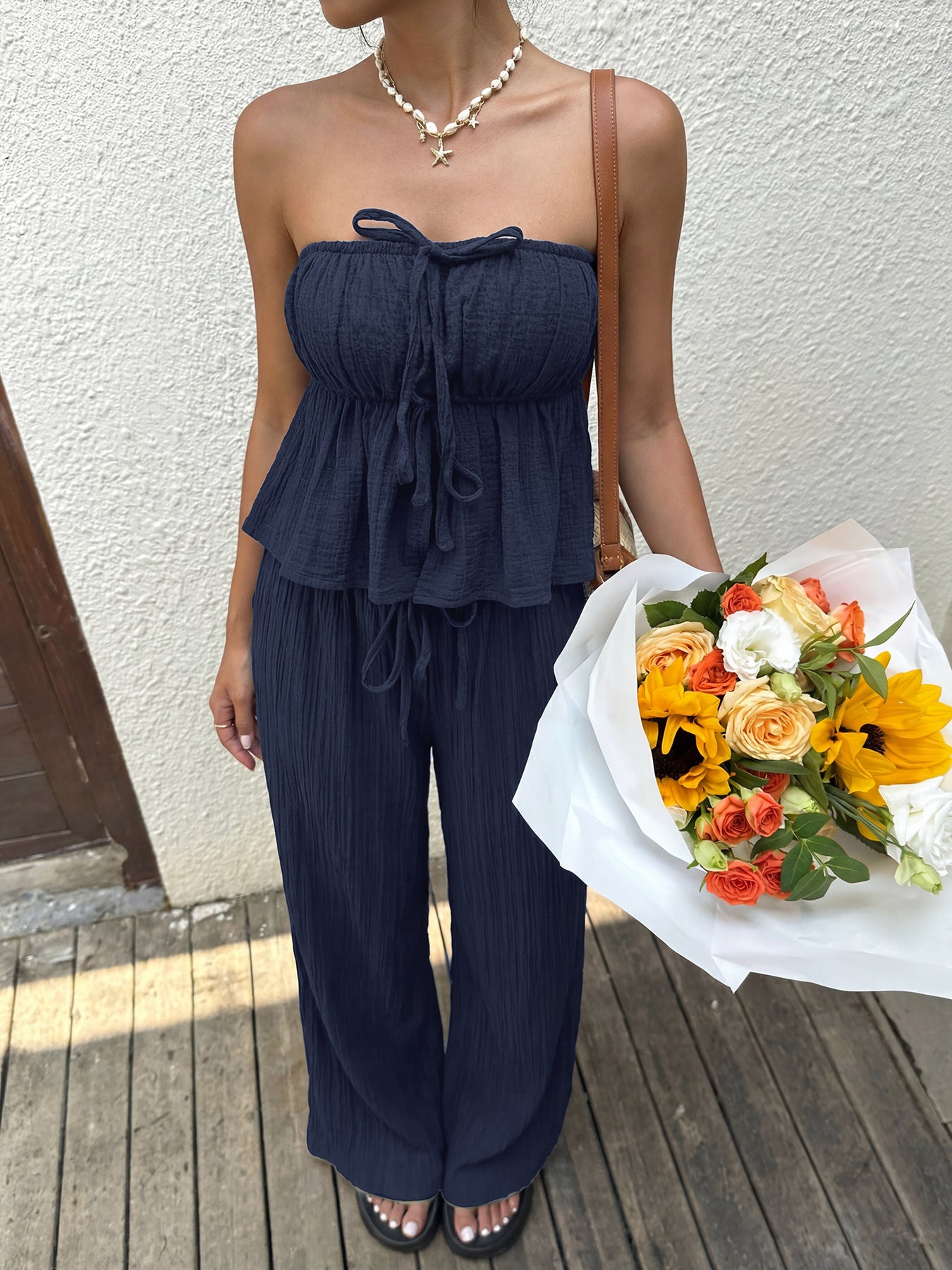 Strapless Smocked Ruffle Top Wide Leg Pants Set