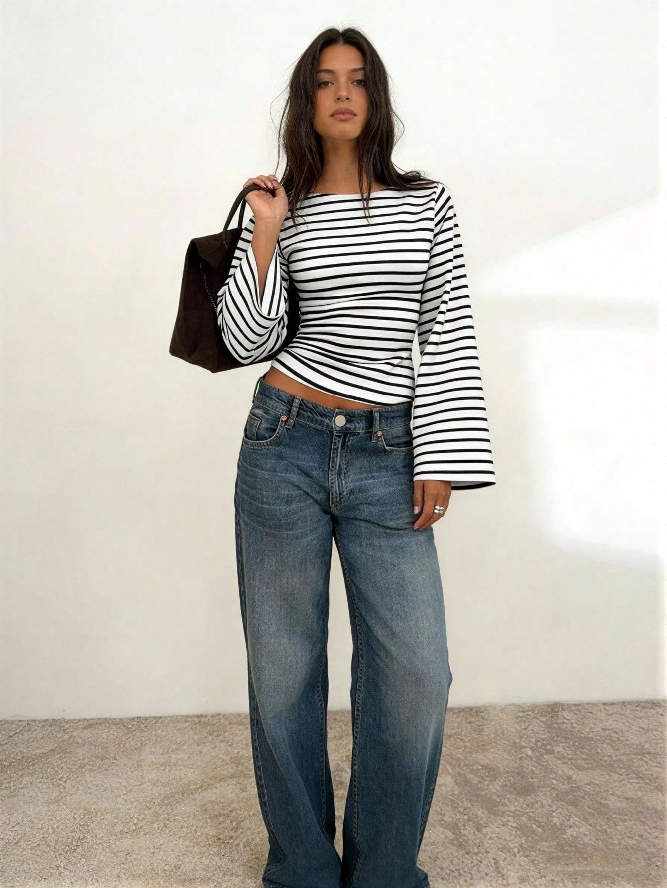 Women's Y2K Striped Bell Sleeve Fitted Crop Top Casual Tee