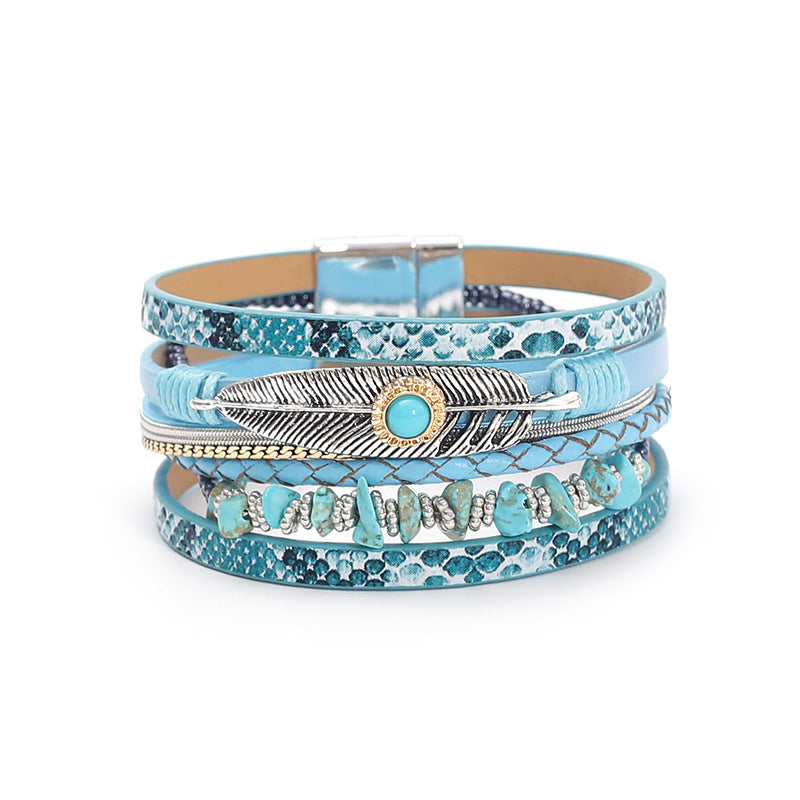 Boho Leather Feather Turquoise Wrap Bracelet for Women