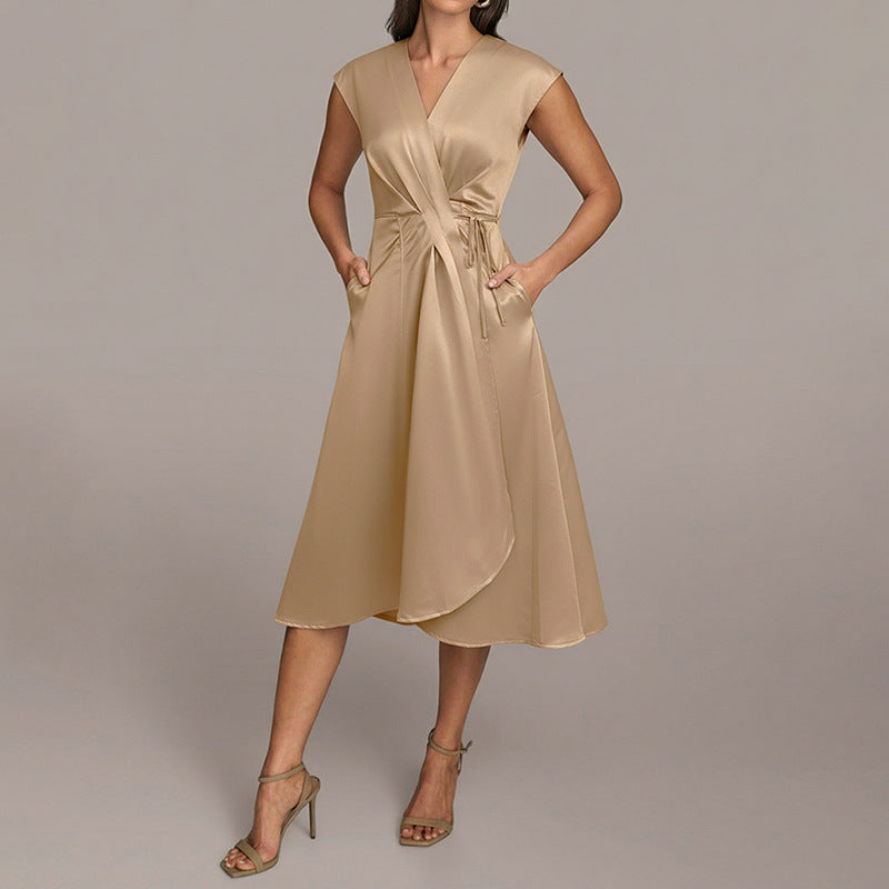 Elegant Sleeveless Satin Wrap Dress with Tie Waist for Women