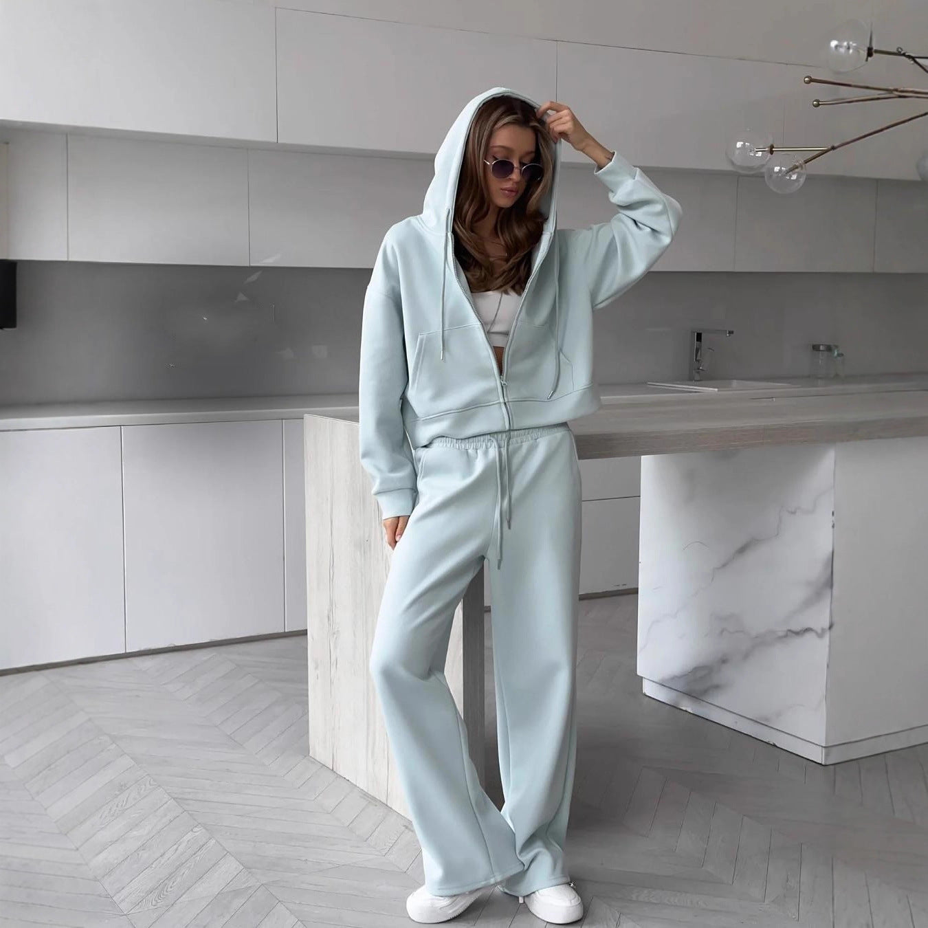 Two Piece Lounge Set with Zip-Up Hoodie & Wide-Leg Pants