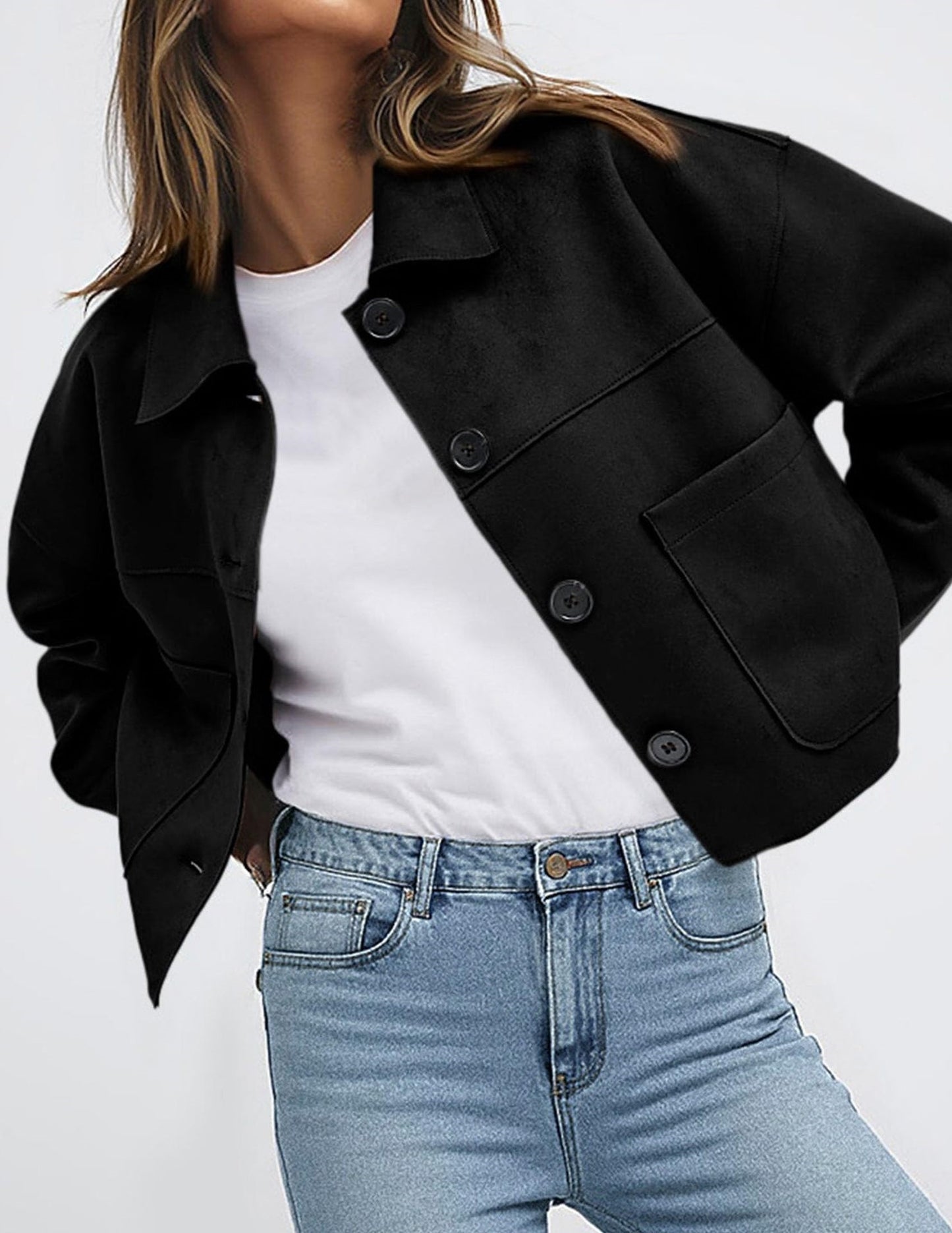 Solid Suede Jacket Western Cropped Button Front
