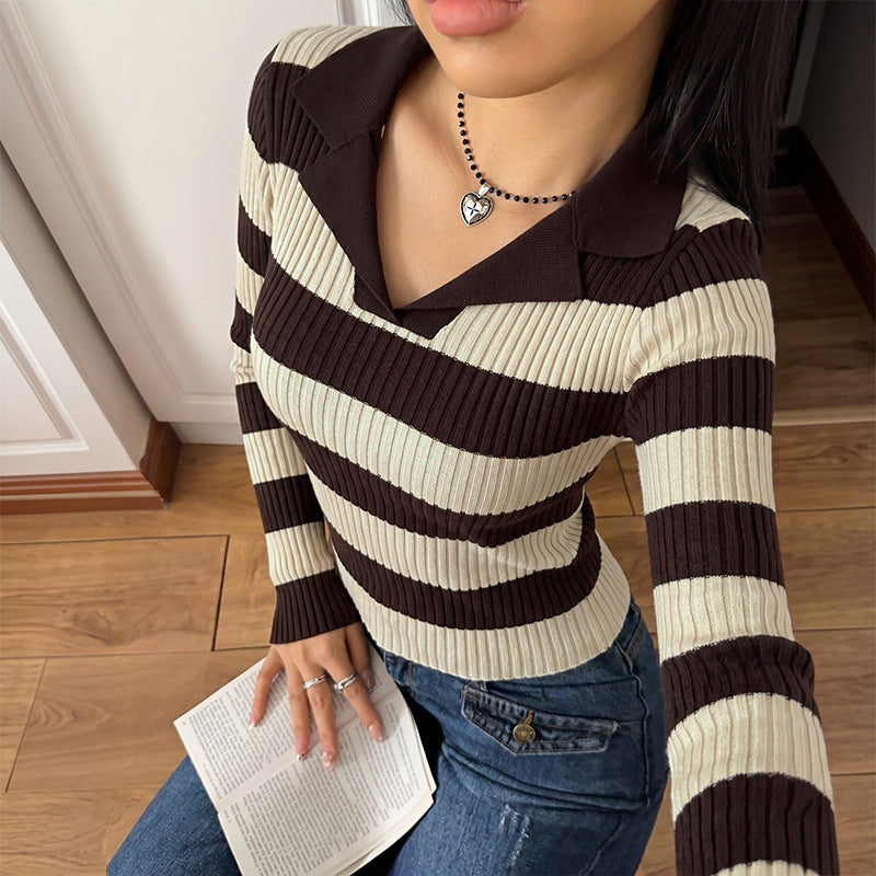 Striped Collared Ribbed Knit Fitted Sweater