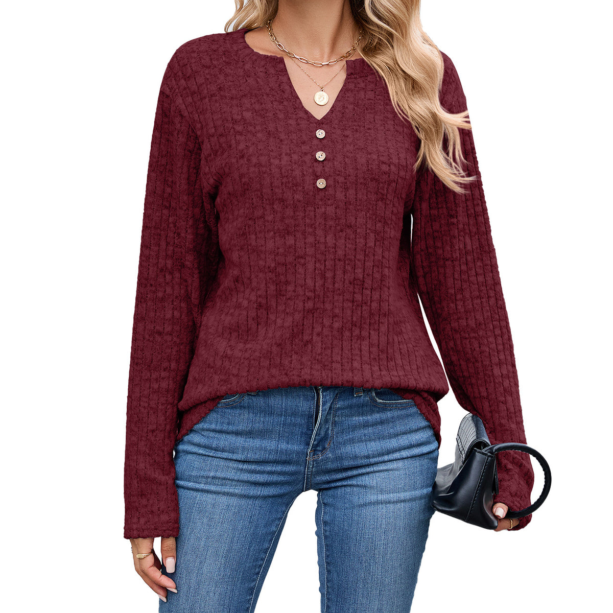 Women's Oversized V Neck Button Ribbed Long Sleeve Knit Top
