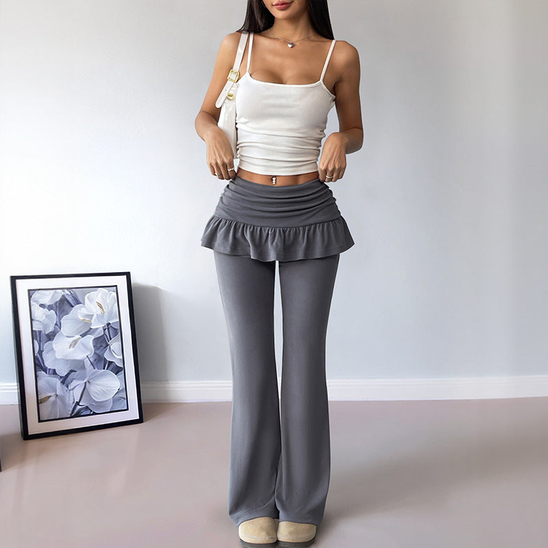 Solid Color Flare Pants with Skirt Overlay Casual Style