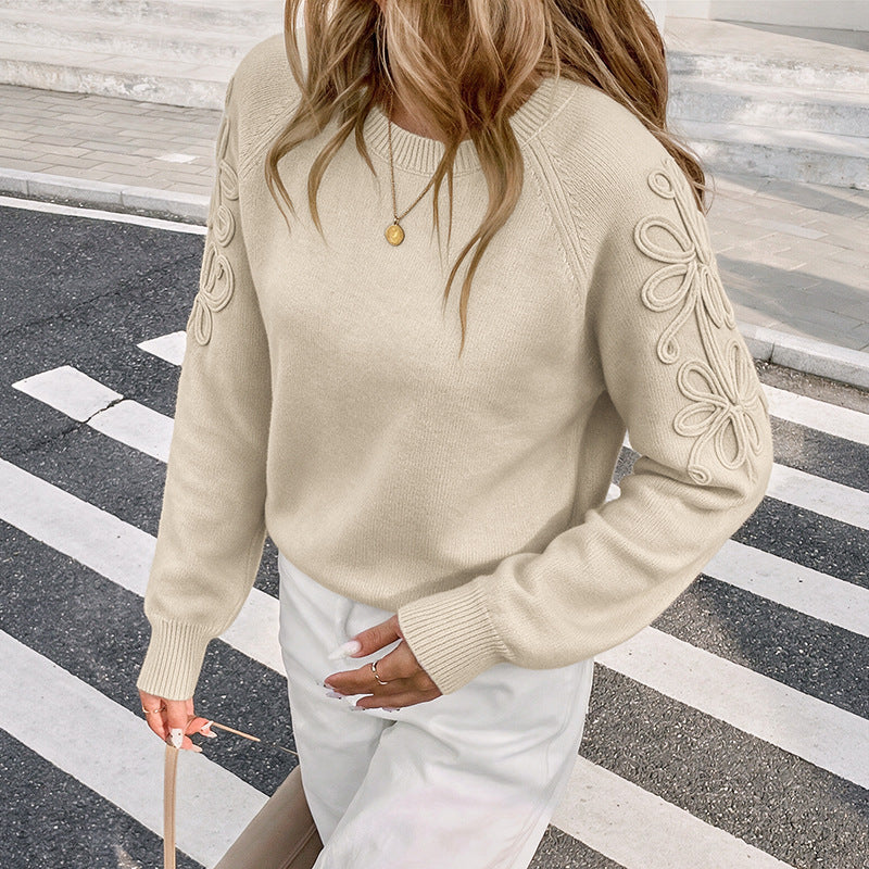 Women's Oversized Floral Embroidered Crew Neck Sweater