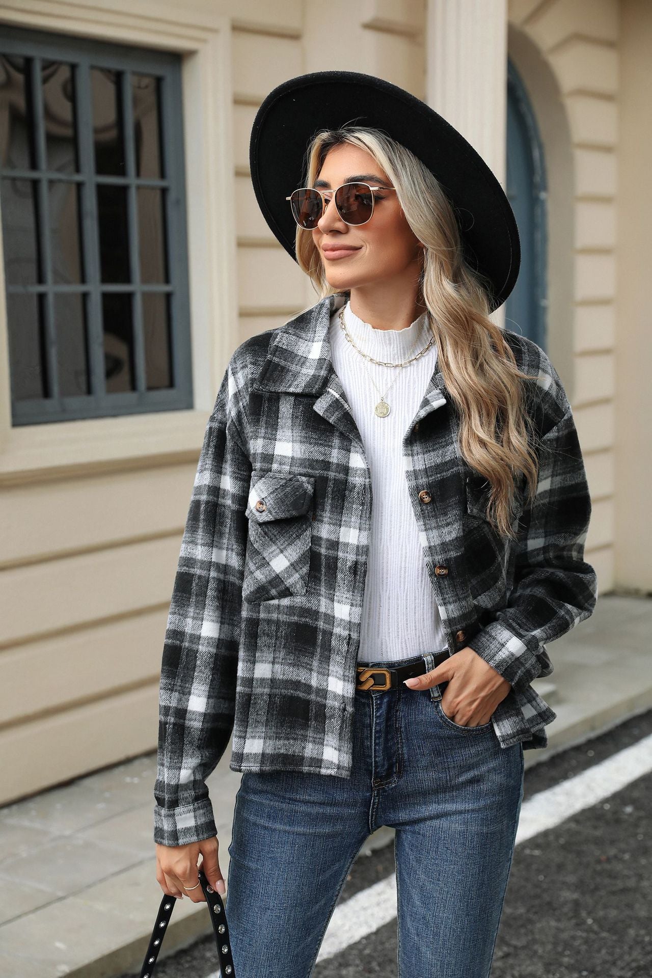Long Sleeve Loose Pocket Plaid Top Wool Jacket