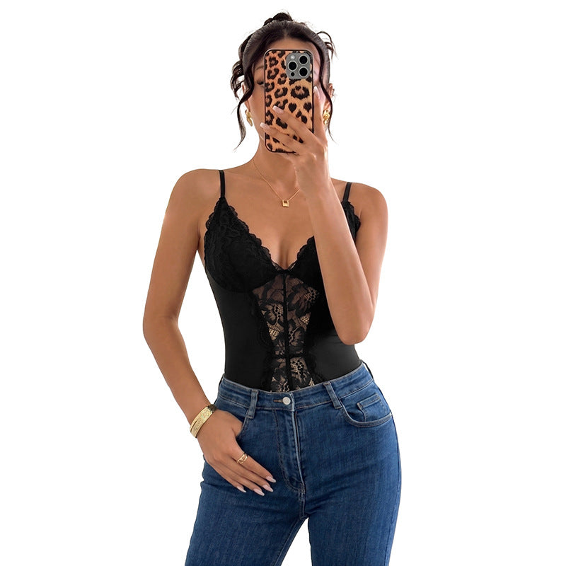 Lace Mesh Bodysuit Sexy V Neck Trendy Cami Top