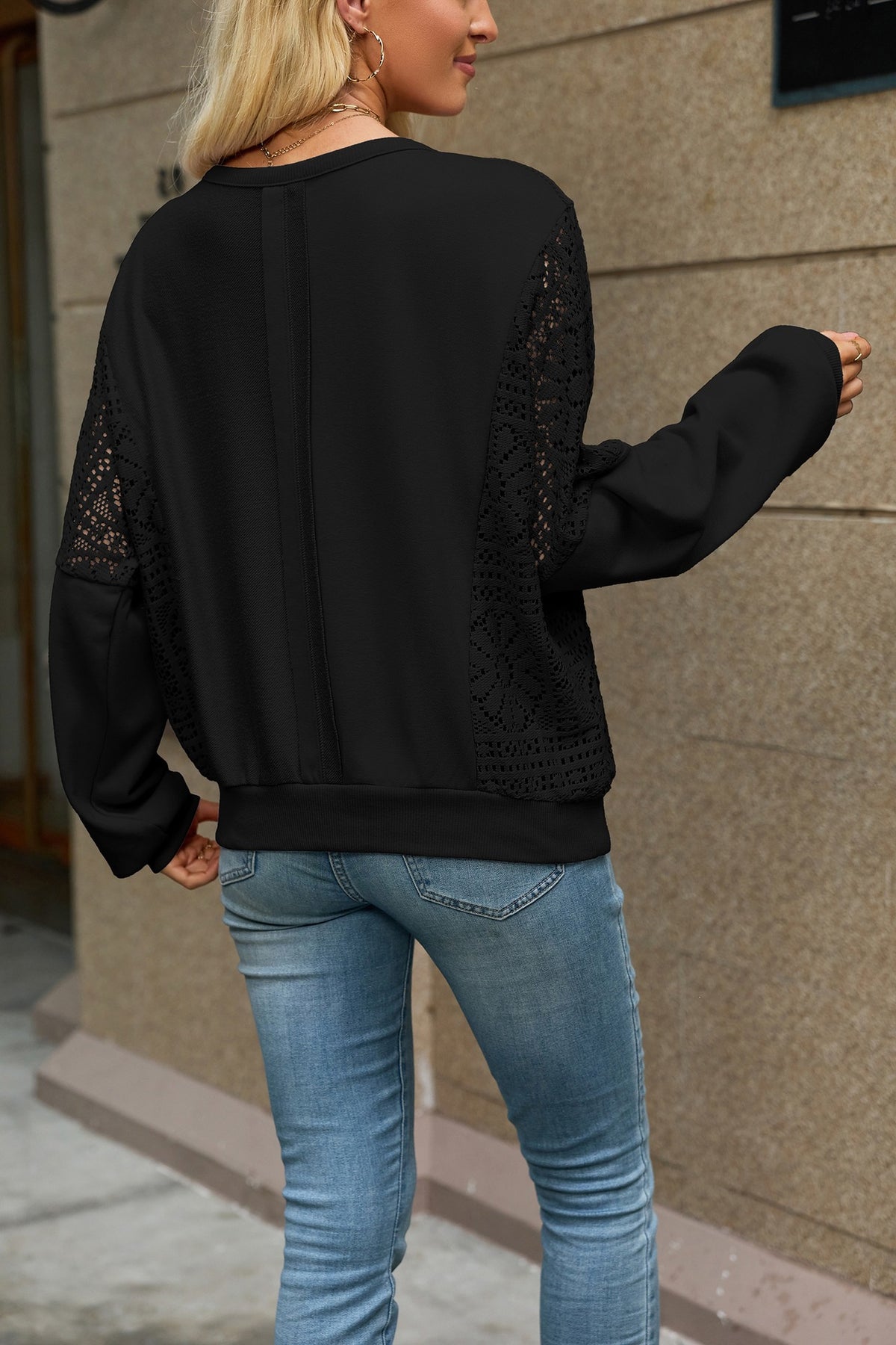 Womens Oversized Crochet Lace Panel Crewneck Sweatshirt