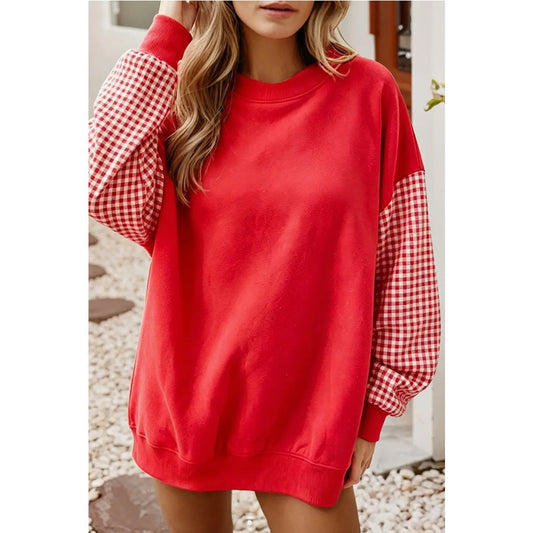 Plaid Color Block Oversized Sweatshirt Casual Fall Pullover