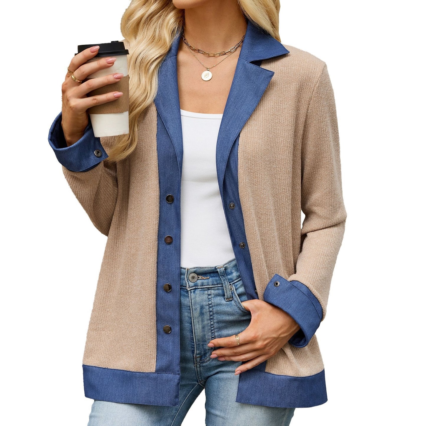 Women's Color Block Denim Trim Button Front Cardigan