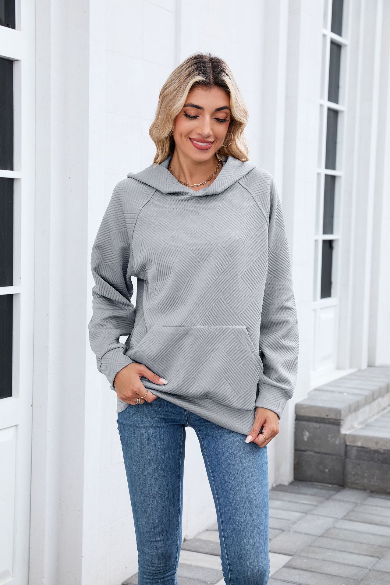 Textured Chevron Hoodie | Cozy Pullover Kangaroo Pocket
