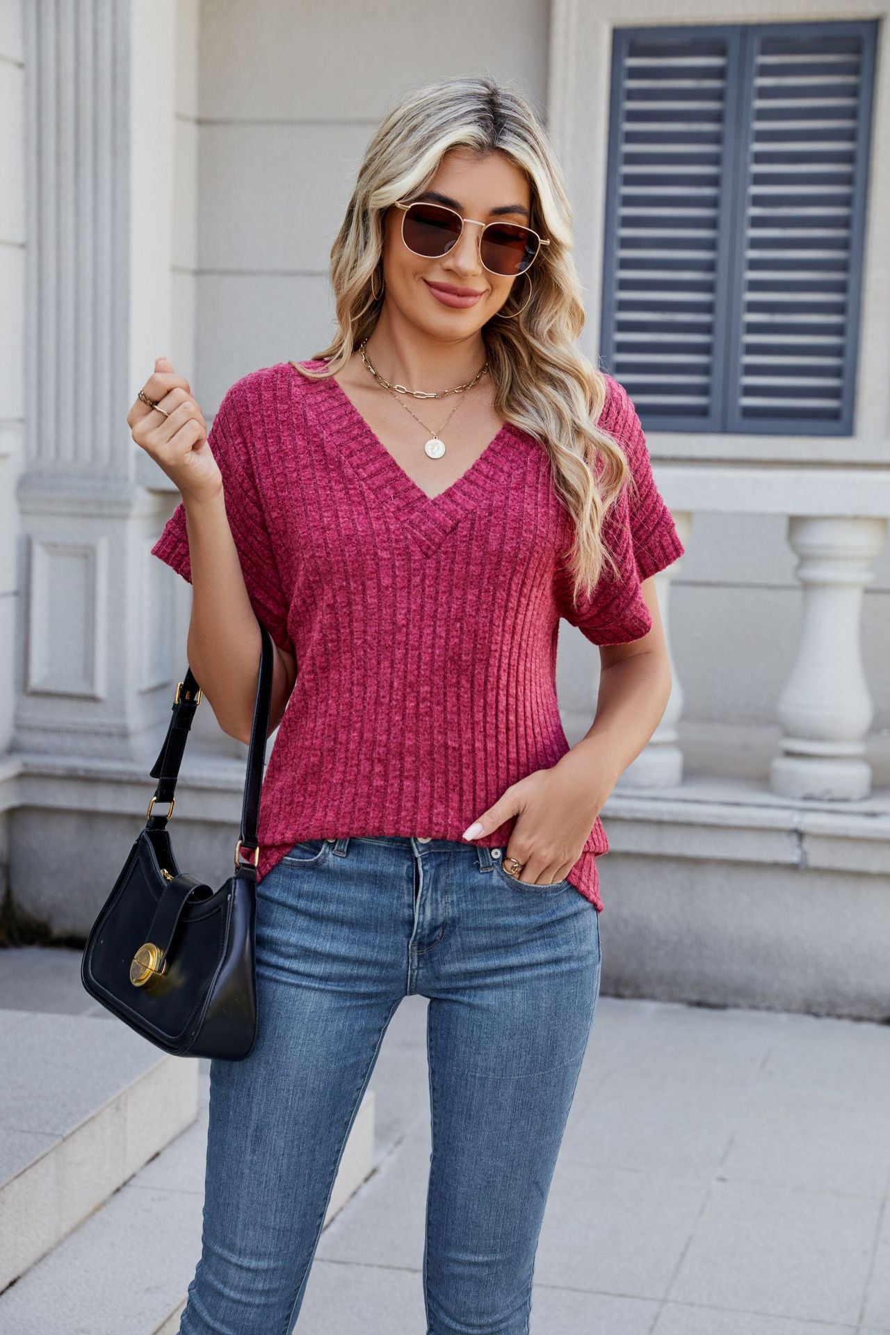 Ribbed Knit Top Casual Dolman Sleeve V Neck