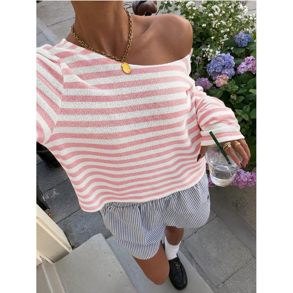 Striped Off Shoulder Long Sleeve Knit Top