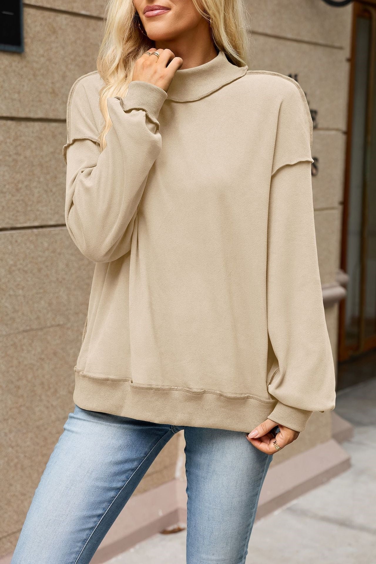 Mock Neck Exposed Seam Oversized Sweatshirt