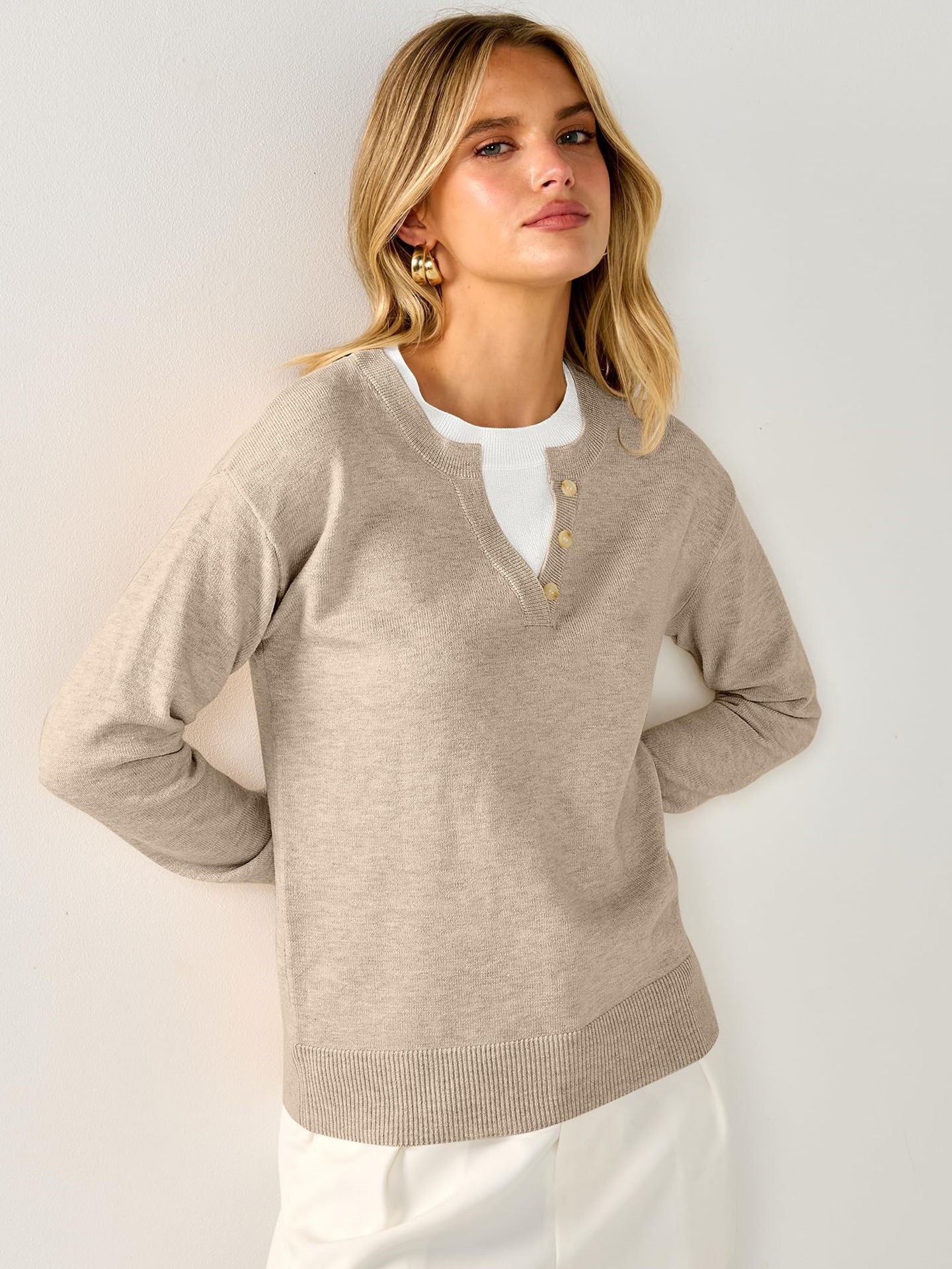 V Neck Button Contrast Knit Sweater Old Money Style