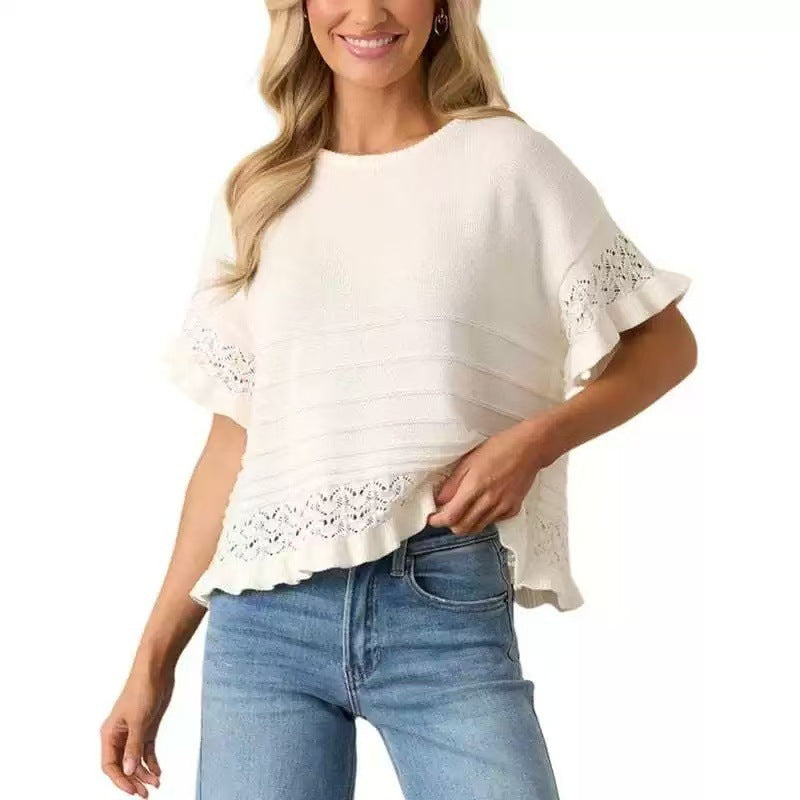 Solid Knit Top Casual Eyelet Ruffle Sleeve