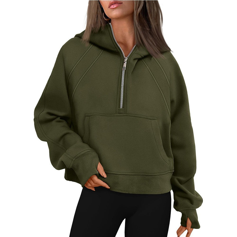 Half Zip Fleece Hoodie Pullover Casual Cropped Sweatshirt